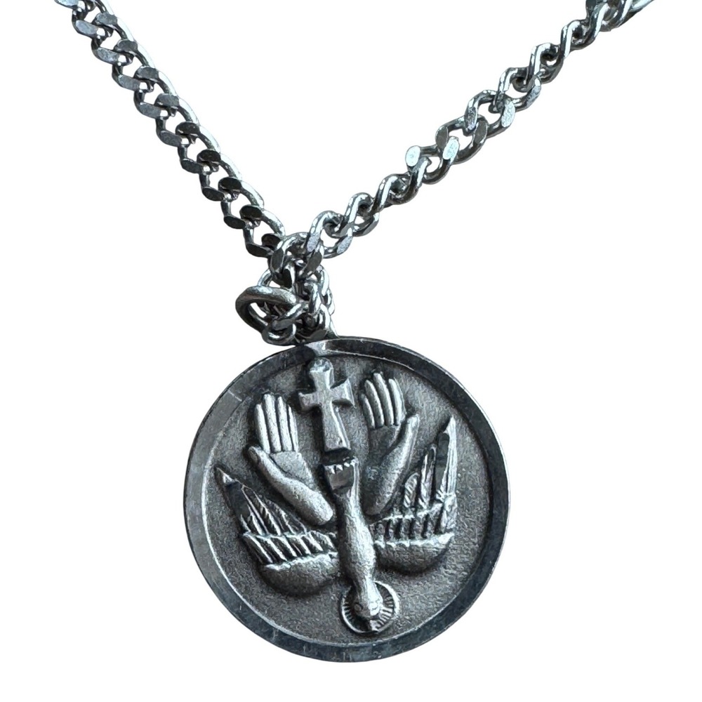Pewter Holy Dove Medal 24" Pendant Necklace Lobster Claw Chain Religious Jewelry